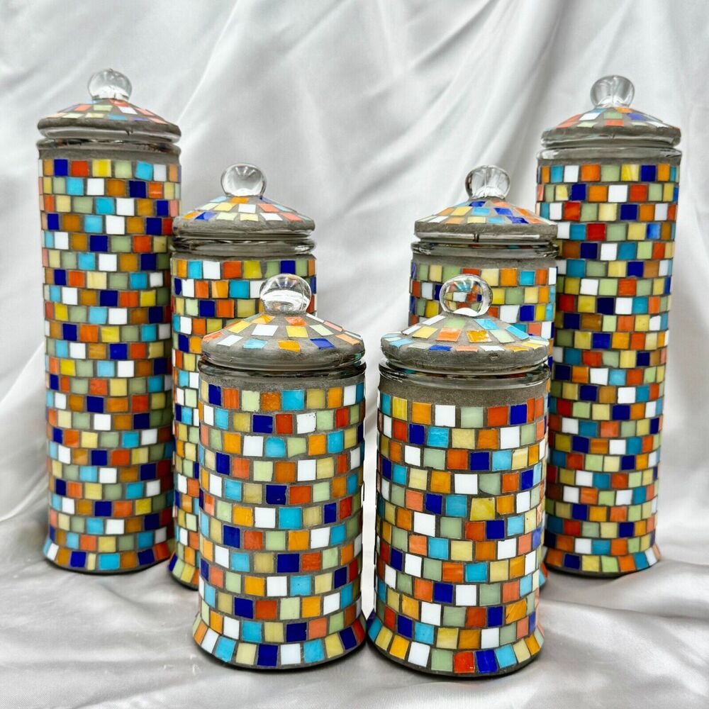 Mosaic Tiled Glass Canisters with Decorative Lids – Set of 6 (Small, Med, Large)